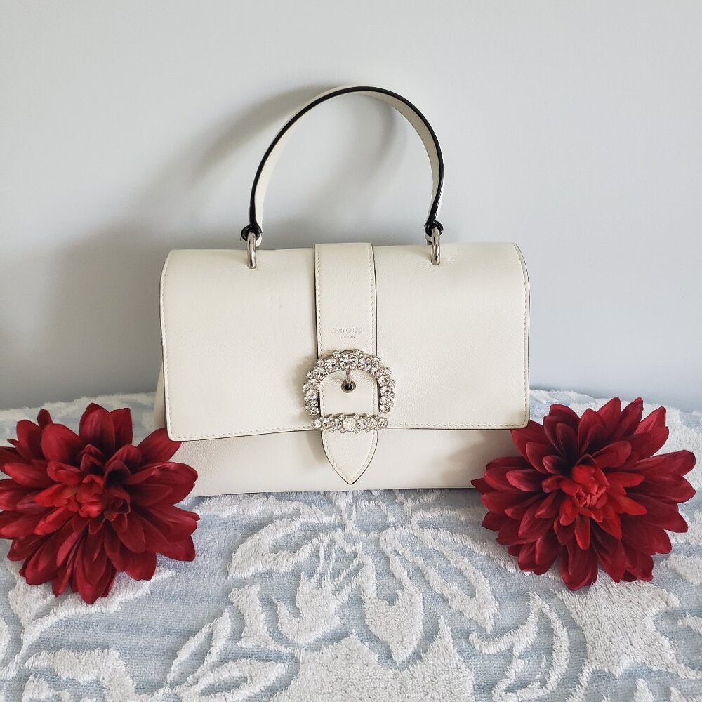 Jimmy Choo Cheri Top Handle Bag – White Calfskin & Crystal Buckle $495